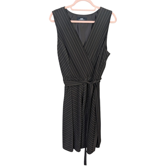 B Moss Vintage Brown And White Pinstripe A Line Sleeveless Dress Tie Waist - Picture 1 of 10